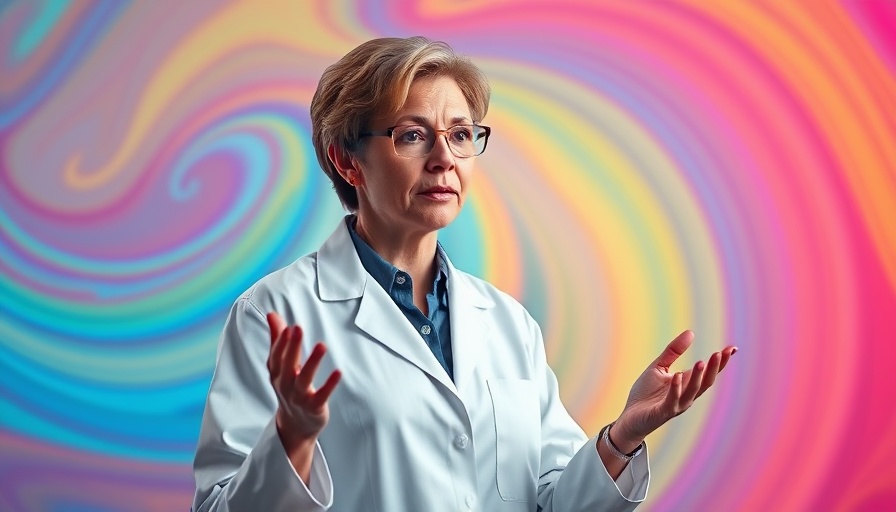 Mature woman in a lab coat discussing future health predictions.