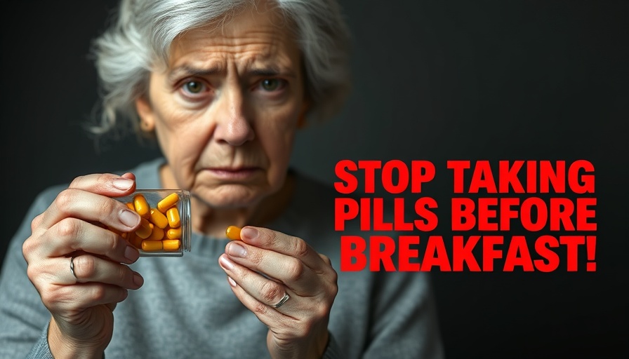 Concerned elderly woman warns about pills before breakfast; muscle loss.