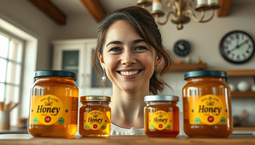 Woman highlights benefits of Manuka honey in warm kitchen setting.