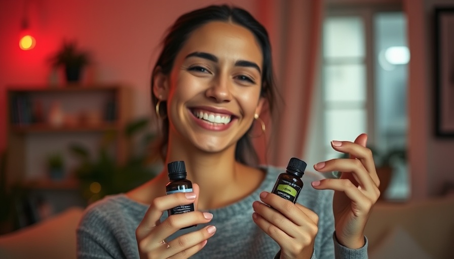 Smiling woman holding essential oil bottles, vibrant red lighting.