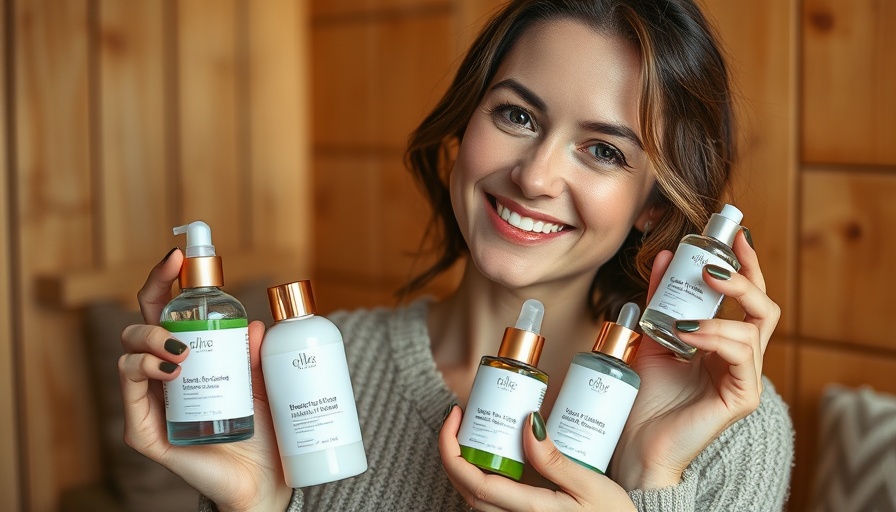 Woman with skincare products promoting holistic anti-aging in cozy setting.