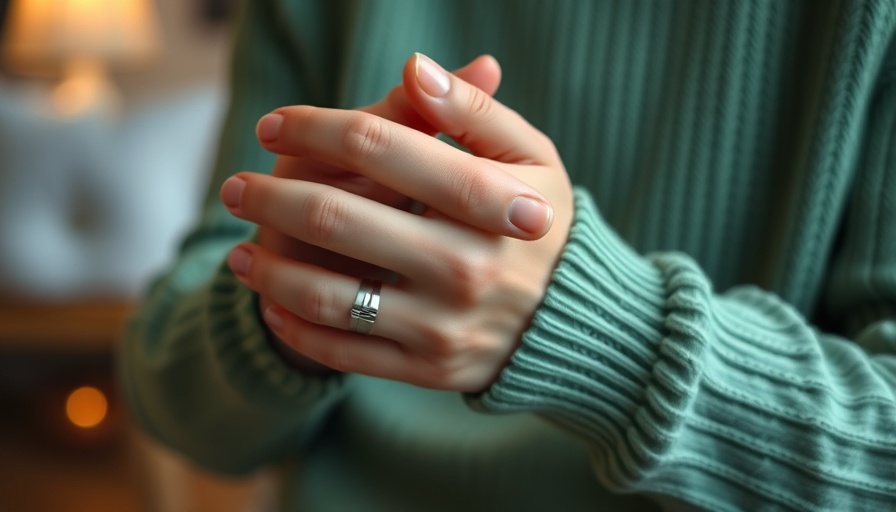 Hands massaging fingers to manage stress with rheumatoid arthritis.