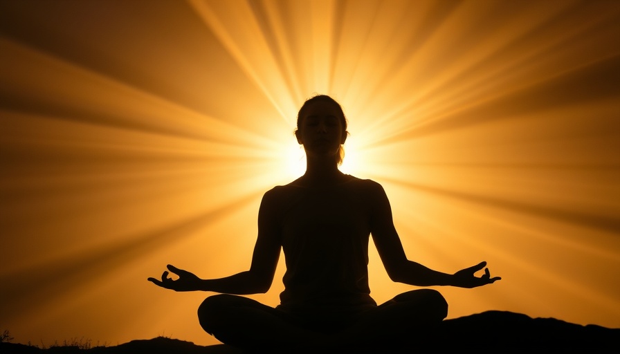 Silhouette of a person meditating with light beams, cosmic atmosphere.