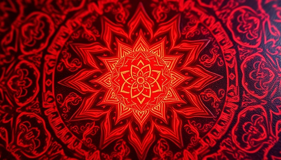 Root chakra symbol with intricate red patterns.