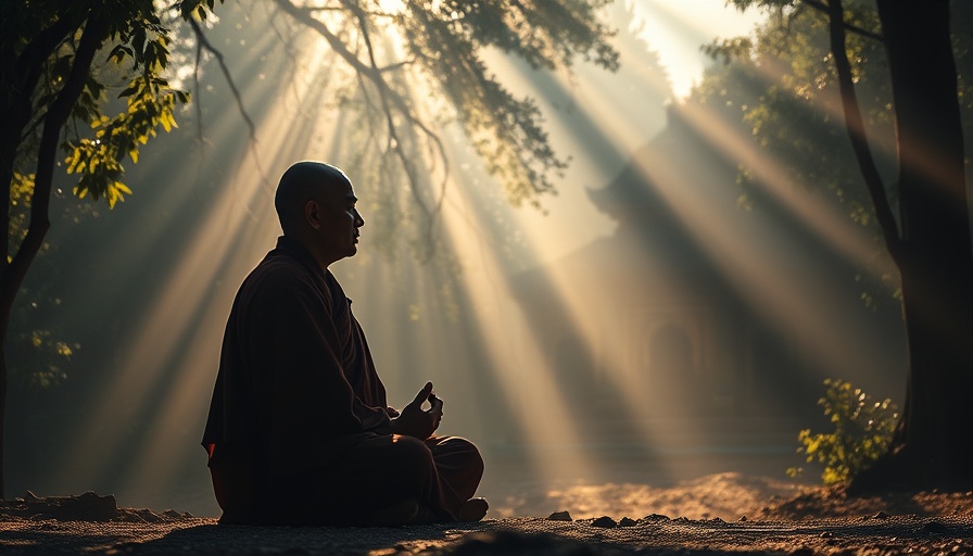 Meditating monk in serene 432Hz sound healing setting.