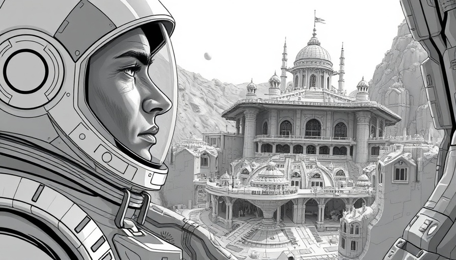 Astronaut and Martian city cross-section, building an underground city on Mars.