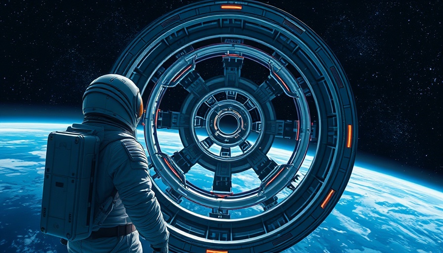 Futuristic astronaut observing space station, future space stations scene.