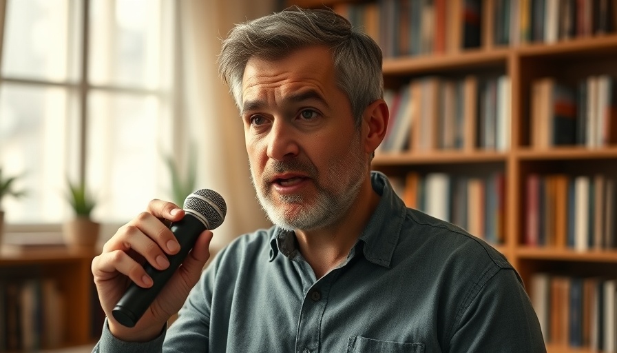 Casual middle-aged man speaking into a microphone, expressive gesture.