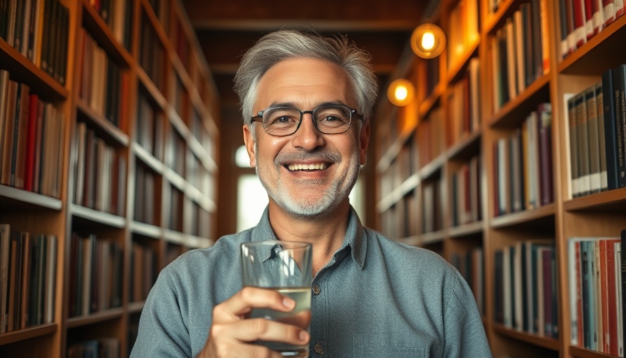 Middle-aged man enjoying a moment of theo-drama in a cozy library setting