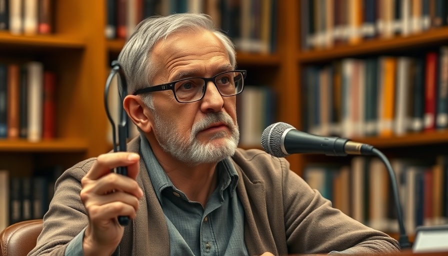 Man holding glasses, thoughtful at microphone in library setting.