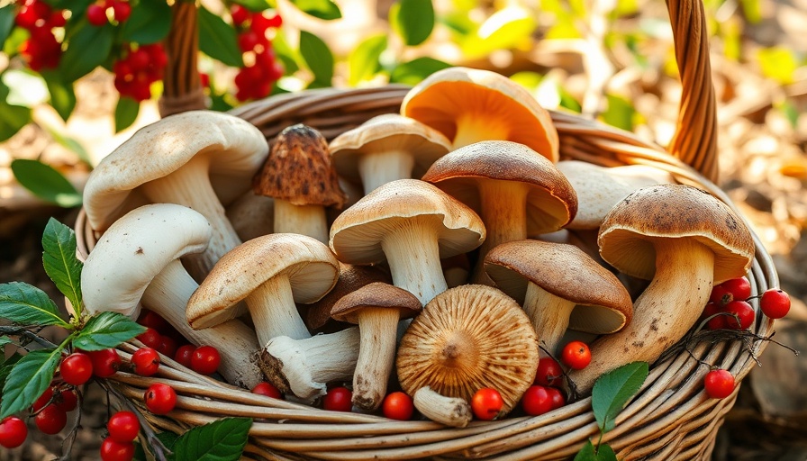 Basket of the healthiest mushrooms with colorful berries.