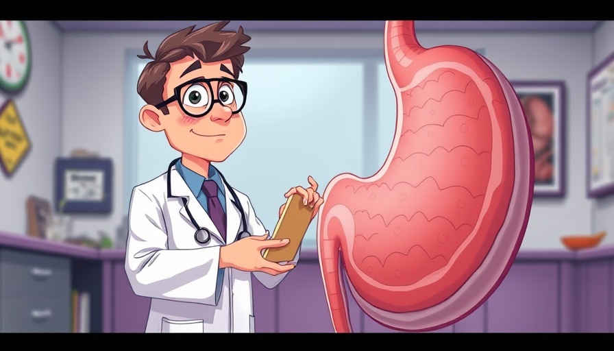 Doctor examining illustrated stomach model with medication, highlighting common gastrointestinal conditions.