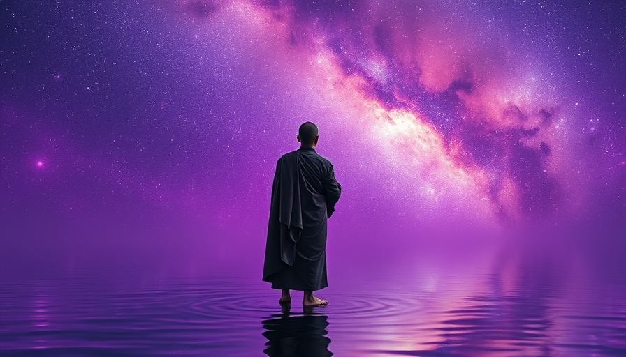 Mystical scene of monk under cosmic sky, 963 Hz frequency.