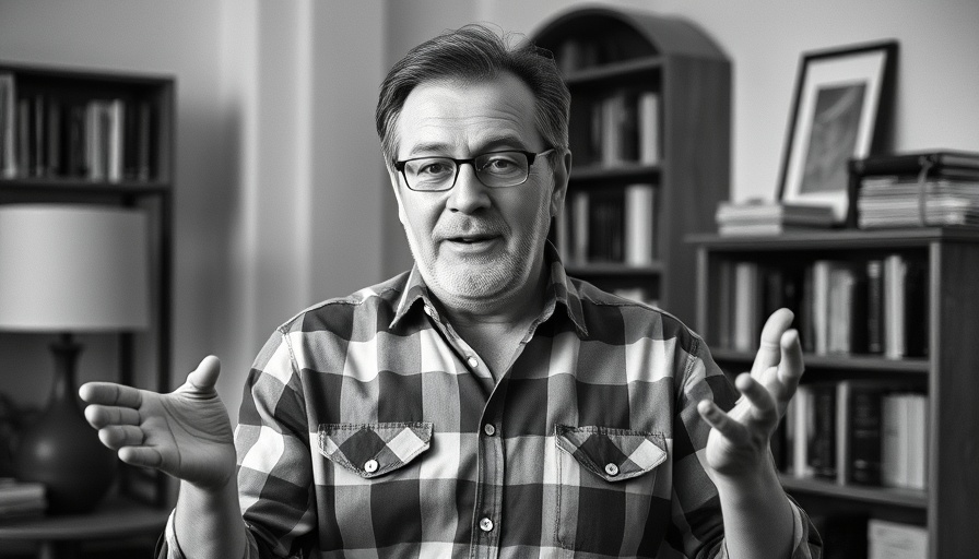 Middle-aged man discussing in black and white photo.