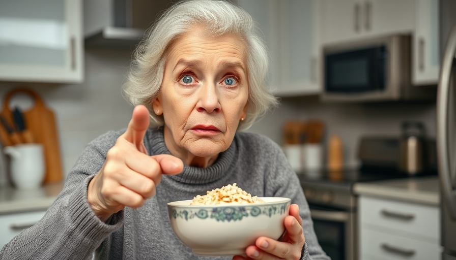 Concerned elderly woman pointing at oatmeal bowl in modern kitchen.