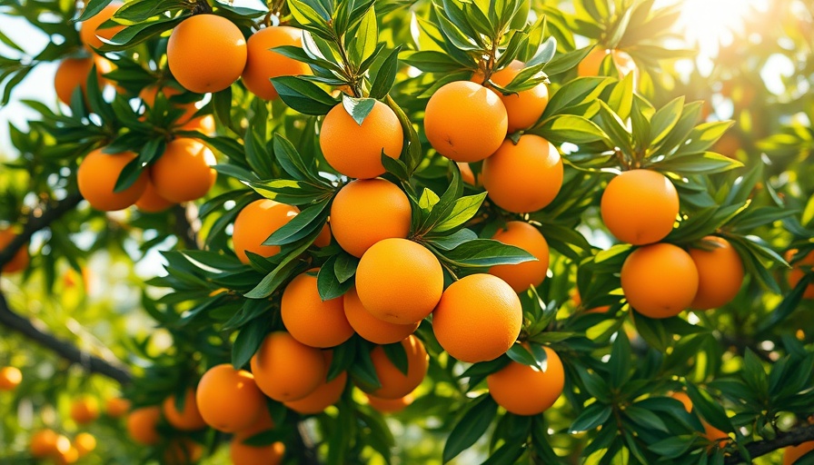 Sunlit orange tree with ripe fruits portraying better vitamin habits.
