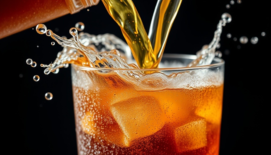 Close-up of soda pouring into frosty glass, illustrating soft drinks increase fracture risk.