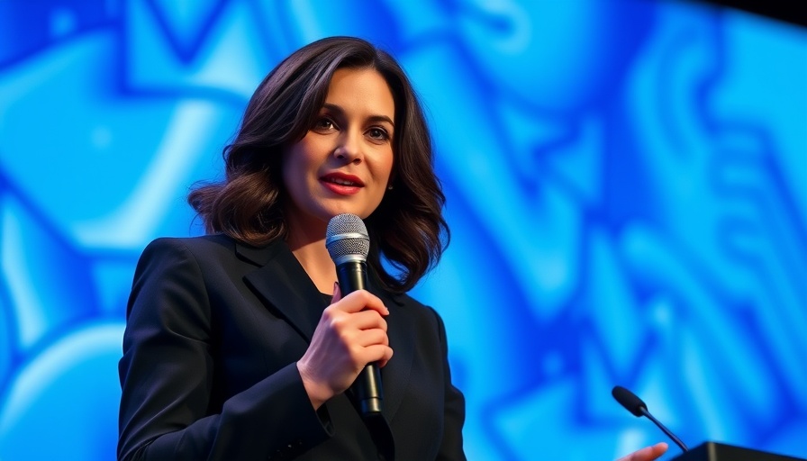 Woman at event speaking with microphone, blue background.