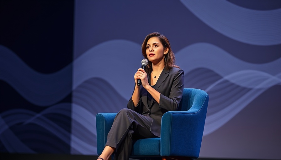 Elegant woman speaks on stage at Mindvalley Summit, conveying self-love message.