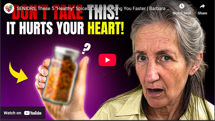 Concerned older woman with spices, highlighting aging and health risks.