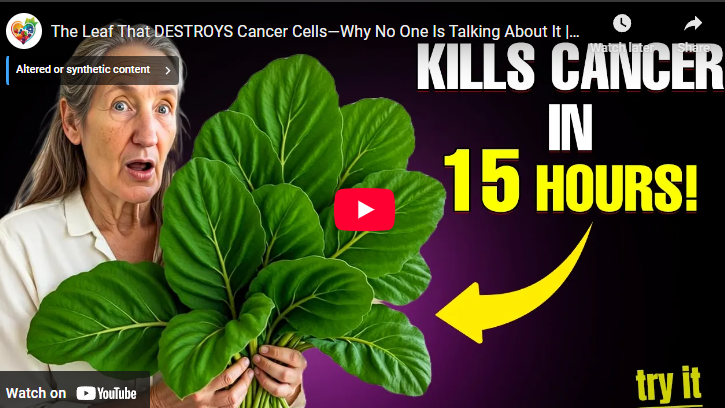 Elderly woman holding leaves with text about natural remedy for cancer prevention.