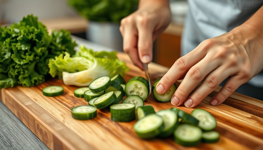 Hands slicing cucumbers and lettuce for detoxing heavy metals naturally.