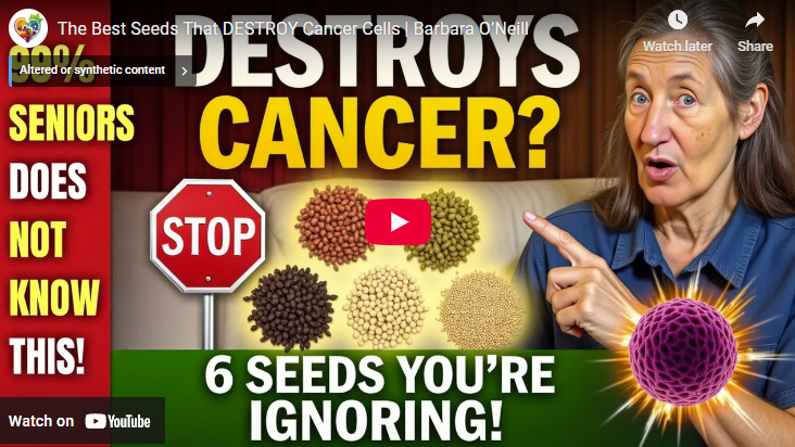 Informative thumbnail on seeds that combat cancer with a pointing woman.