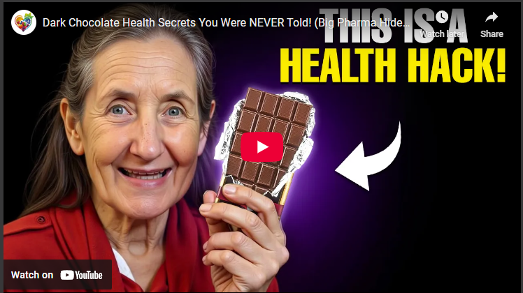 Smiling older woman with chocolate promoting health benefits.