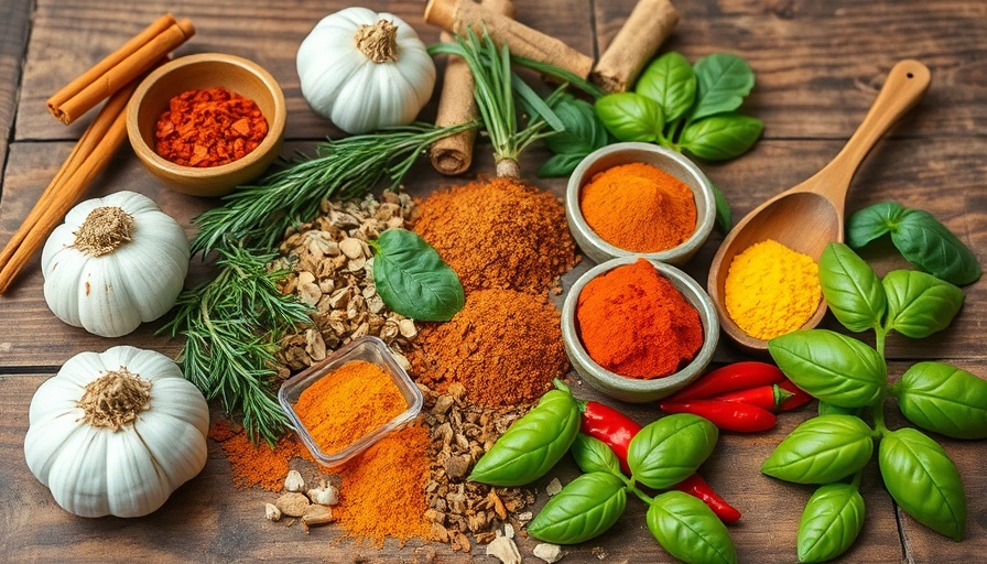 Colorful herbs and spices on a wooden table for immunity boost.