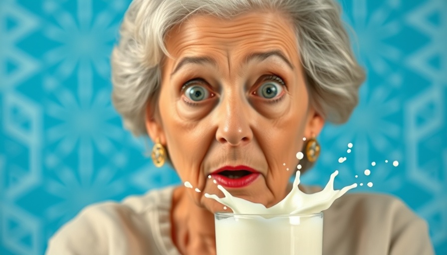 Surprised woman highlights calcium sources for bone health with glass of milk.