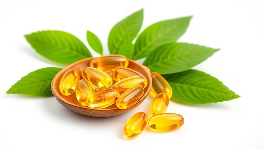Vitamin E capsules on a spoon with green leaves on white.