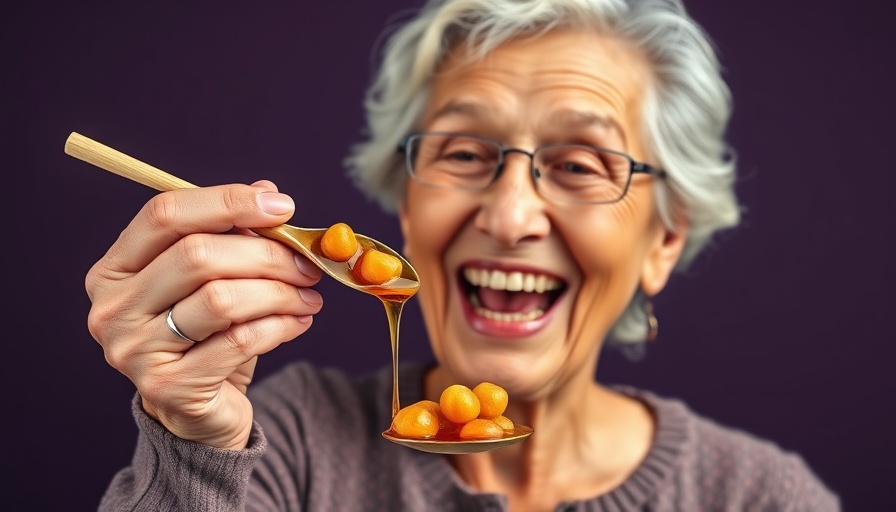 Elderly woman holding a spoon of powerful foods for sleep, excited expression.