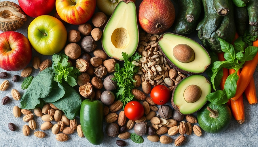 Colorful assortment of nutrient-dense foods including fruits and nuts.