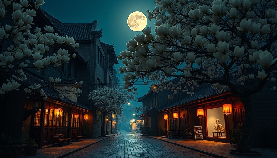 Serene village at night with magnolia trees under full moon.