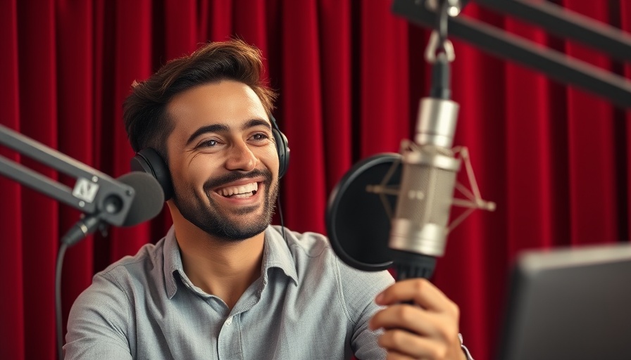 Man in podcast studio with deep red curtains, talking into a microphone.