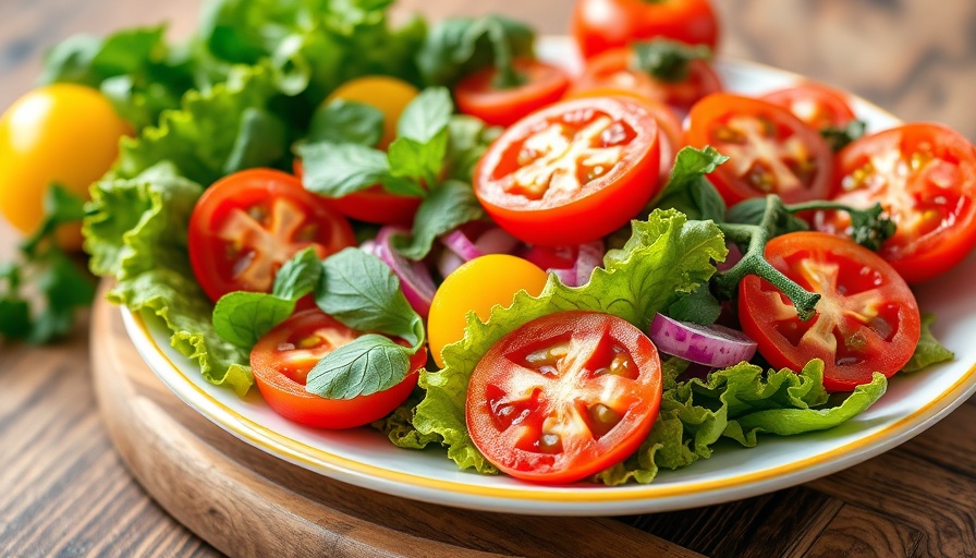 Functional medicine diet: fresh tomatoes and greens on a wooden table.