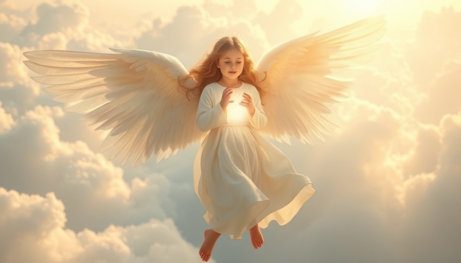 Ethereal angelic figure in a celestial realm with glowing wings.