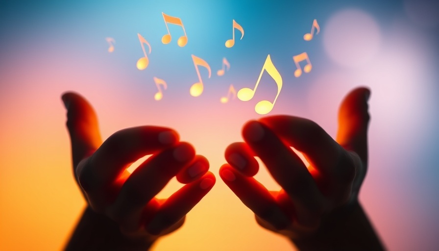 Floating musical notes from open hands symbolizing healing power of music therapy.