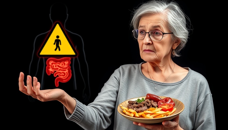 Unhealthy food impacting gut health illustration with concerned woman.