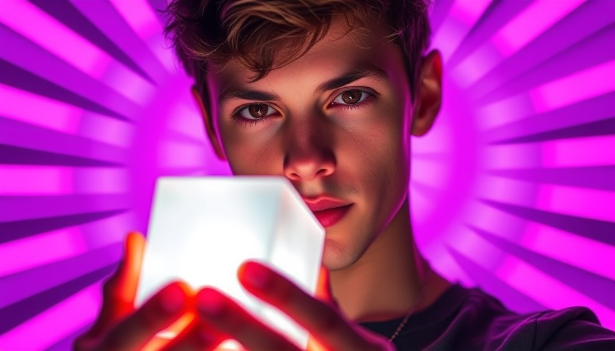 Young man holding glowing cube for quantum energy illustration.