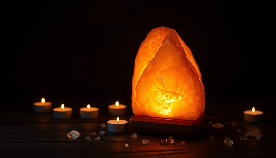 Himalayan salt lamp with candles on wooden surface, resolving indoor air pollution.