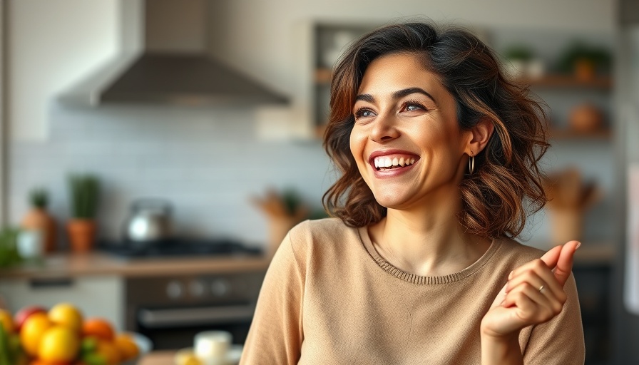 Woman discussing weight loss with peptides and real food in kitchen.