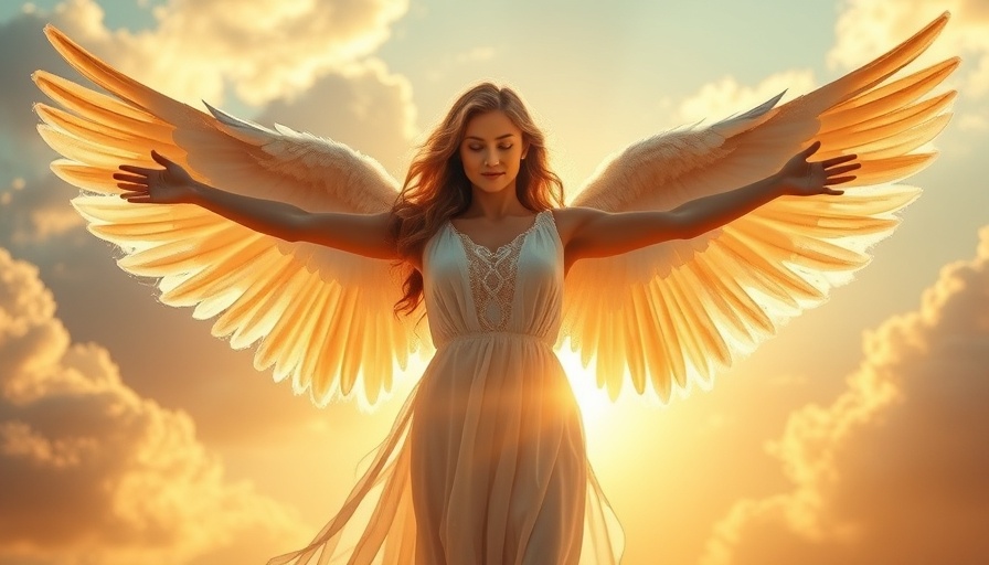 Ethereal angel with glowing wings, linked to 432hz Healing Music, radiant in celestial light.