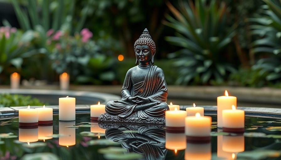 Buddha statue meditating by candlelight, reflecting calm mind inner peace.