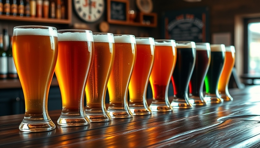 Variety of beer glasses on a bar counter in a pub, warm lighting.