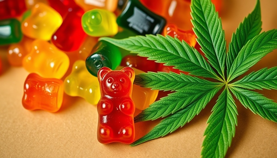 Colorful CBD gummies with cannabis leaf, highlight on addiction concerns.