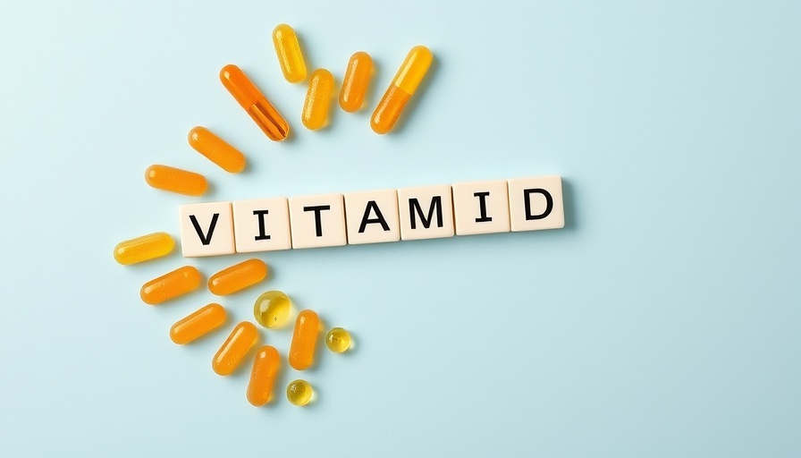 Vitamin D capsules and tiles on blue background, highlighting Vitamin D benefits during COVID.