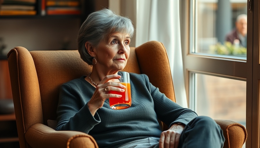 Mature woman drinking colorful beverage in cozy setting, foods to strengthen legs.