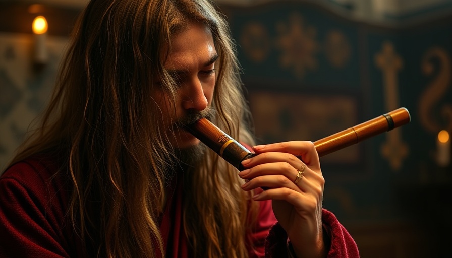 Musician playing flute in mystical setting, Shamanic Music Healing.