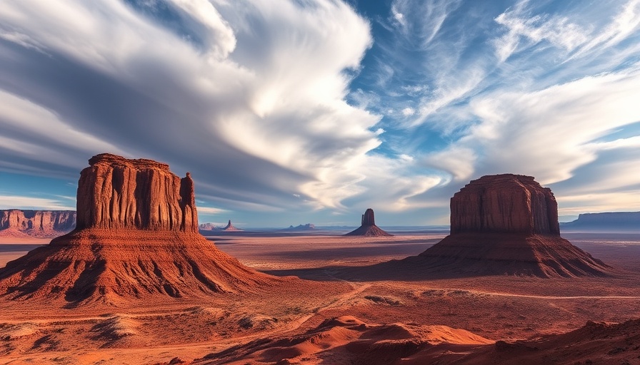 Dramatic desert landscape with towering rock formations and vibrant clouds.
